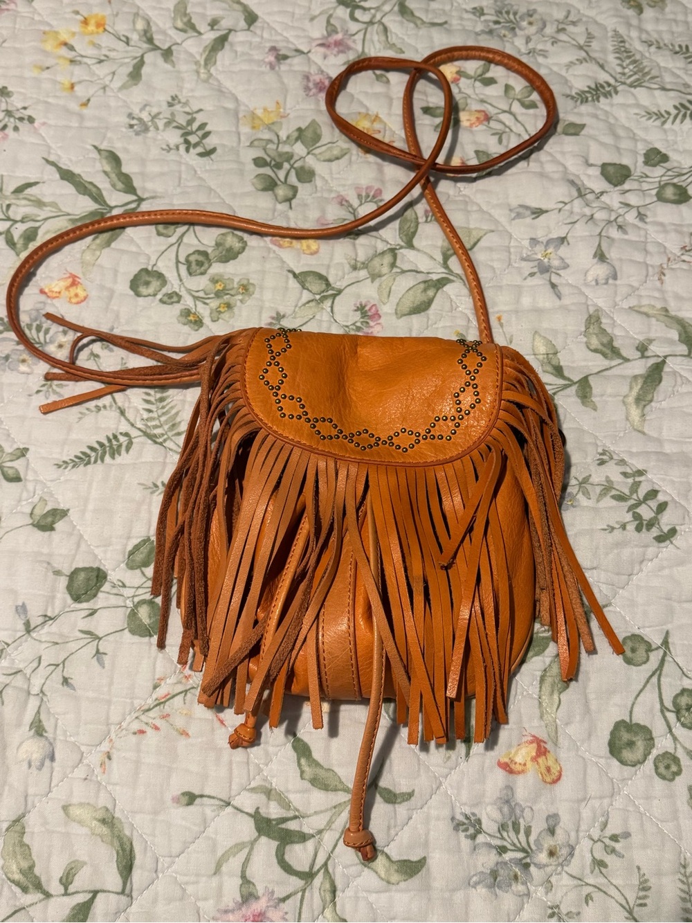 Lucky Brand Fringed Crossbody Bag Orange Brown Leather Boho Featival Artsy